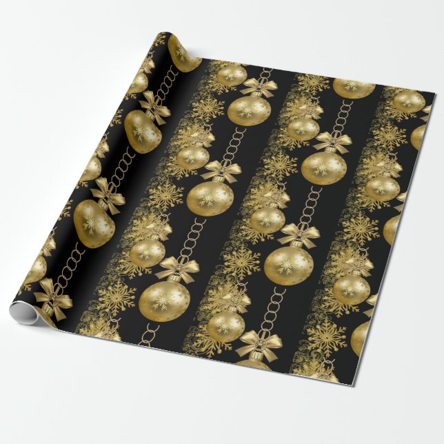Christmas Wrapping Paper Gold Balls Black (Unrolled)