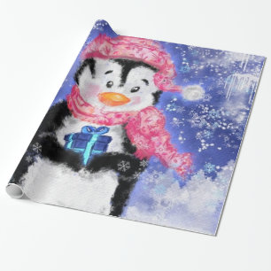 Christmas Wrapping Paper Little Penguin with Gift