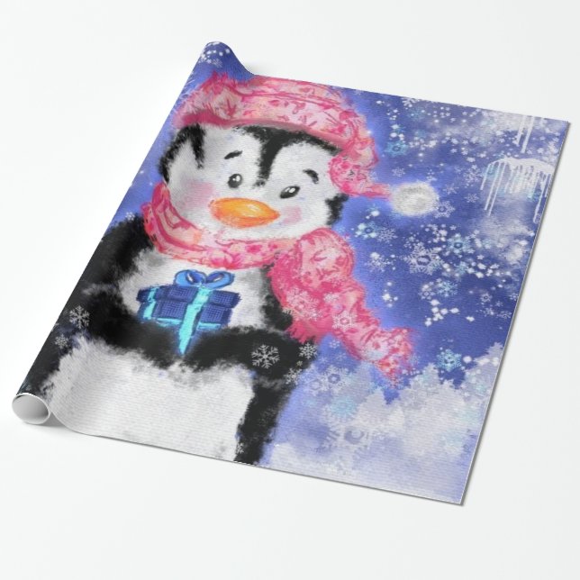 Christmas Wrapping Paper Little Penguin with Gift (Unrolled)