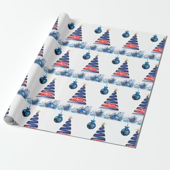 Christmas Wrapping Paper Merry Blue Tree (Unrolled)