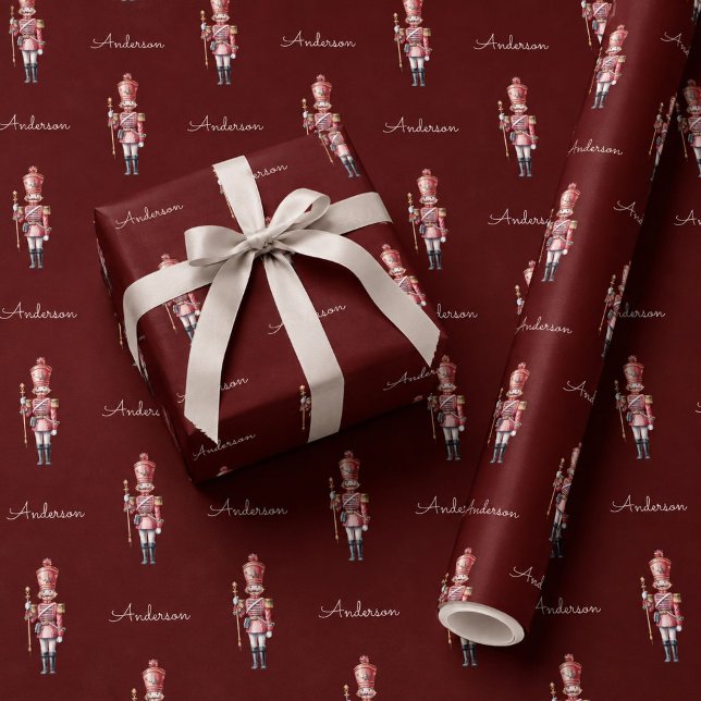 Christmas Wrapping Paper Personalised Nutcracker  (personalized nutcracker wrapping paper paper custom name burgundy dark red)