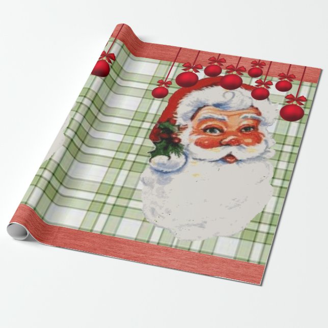 Christmas Wrapping Paper Santa Green Plaid (Unrolled)
