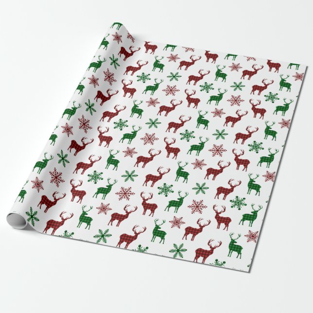 Christmas Wrapping Paper Xmas Deer Red Green Plaid (Unrolled)