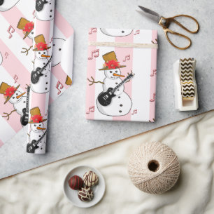 Christmas Wrapping Pink & White Stripe Snowman Wrapping Paper