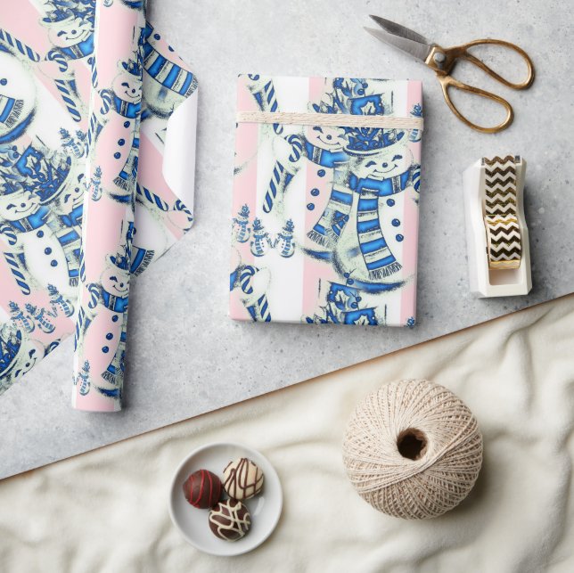 Christmas Wrapping Pink & White Stripe Snowman Wrapping Paper (Crafts)