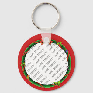 Christmas Wreath Add Your Photo & Red Background Key Ring