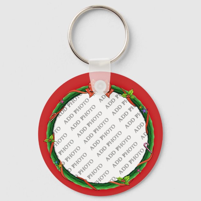 Christmas Wreath Add Your Photo & Red Background Key Ring (Front)