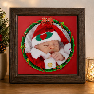 Christmas Wreath Add Your Photo & Red Background Tile