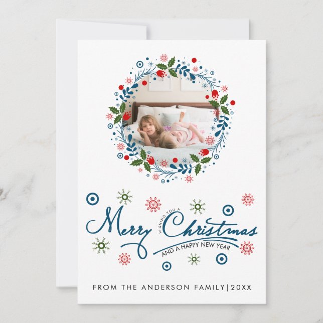 Christmas wreath and blue script typography photo holiday card (Front)