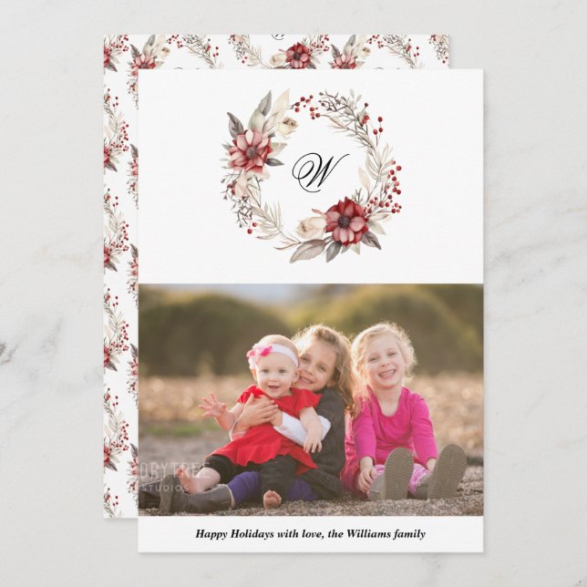 Christmas wreath and monogram photo red holiday card (Front/Back)