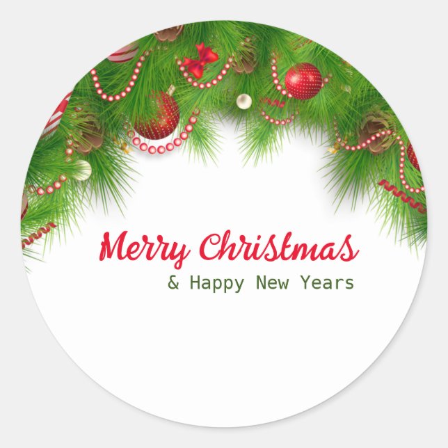 Christmas Wreath and Red Bulbs, and Presents Classic Round Sticker (Front)