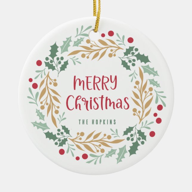 Christmas Wreath and Script | Merry Christmas Ceramic Tree Decoration (Front)