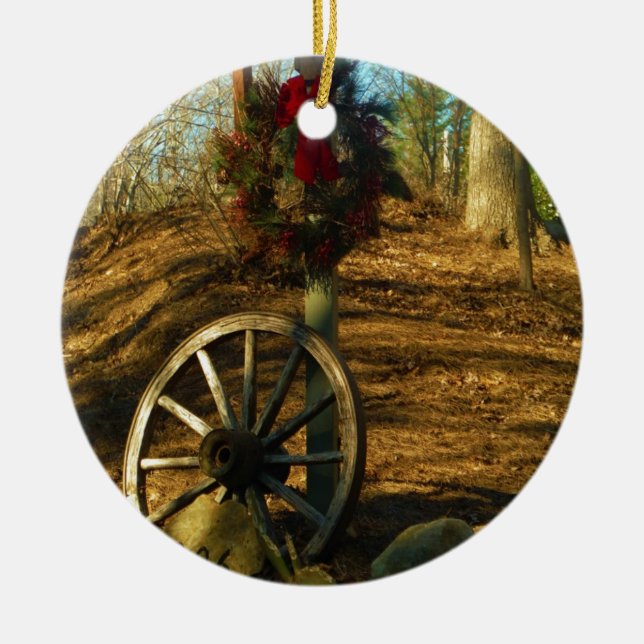 Christmas Wreath and Wagon wheel Ceramic Tree Decoration (Front)
