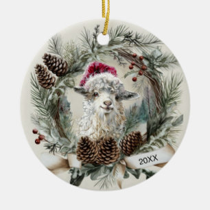 Christmas Wreath Angora Goat Ceramic Tree Decoration