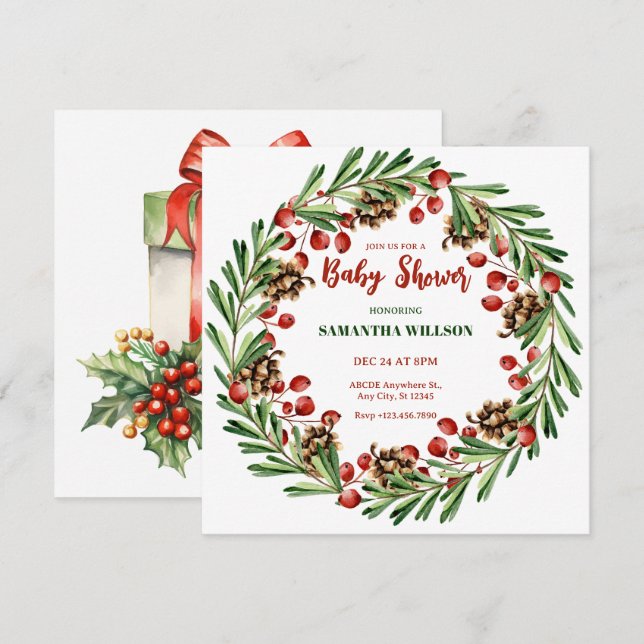 Christmas wreath baby shower invitation (Front/Back)