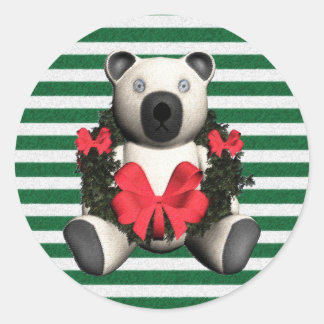 Christmas Wreath Bear Green Stripes Classic Round Sticker
