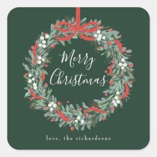 Christmas Wreath berries and bow Square Sticker