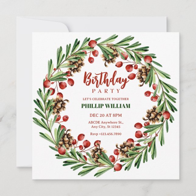 Christmas wreath birthday party invitation (Front)