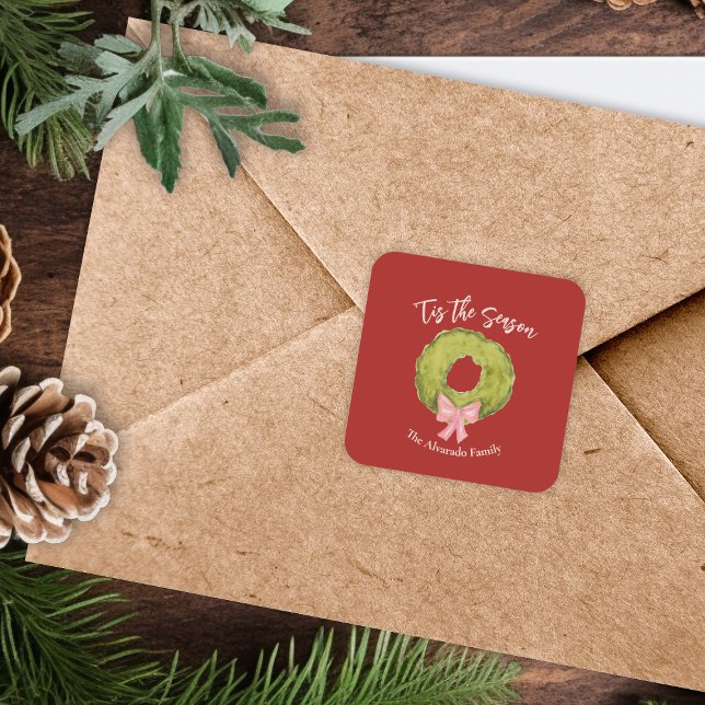 Christmas Wreath Bow Red Green Pink Whimsical Fun Square Sticker (Creator Uploaded)