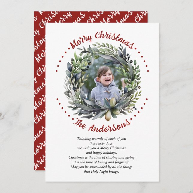 Christmas wreath branches with greenery photo holiday card (Front/Back)