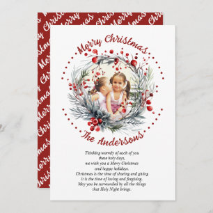Christmas wreath branches with red berries photo holiday card