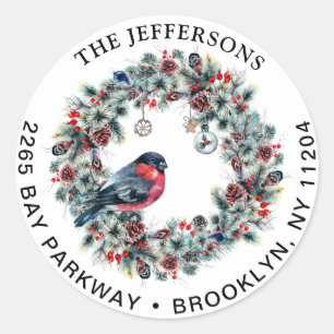Christmas Wreath & Bullfinch  Return Address Label