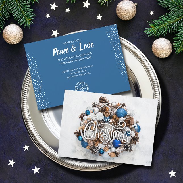 Christmas Wreath Business Greetings Holiday Card (Blue and white pine wreath Merry Christmas business greeting cards)