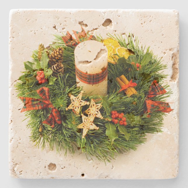 Christmas Wreath Candle Ring Stone Coaster (Front)