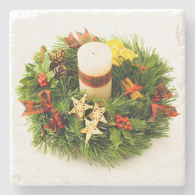 Christmas Wreath Candle Ring Stone Coaster (Front)