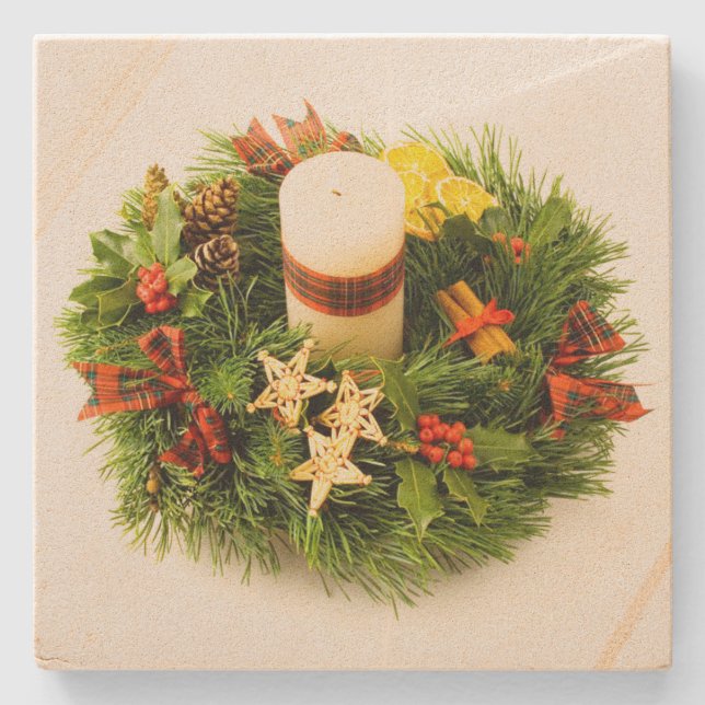 Christmas Wreath Candle Ring Stone Coaster (Front)