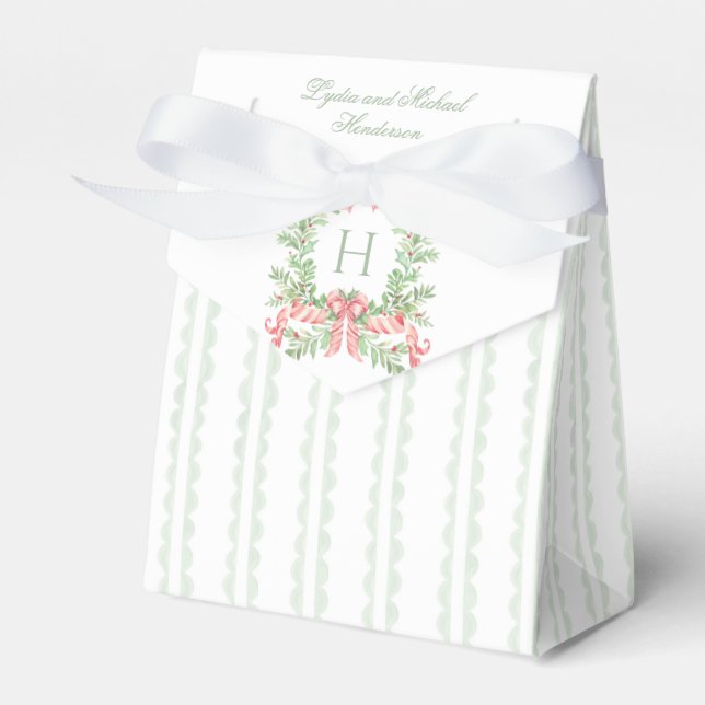 Christmas Wreath Candy Cane Bow | Monogram Wedding Favour Box (Front Side)