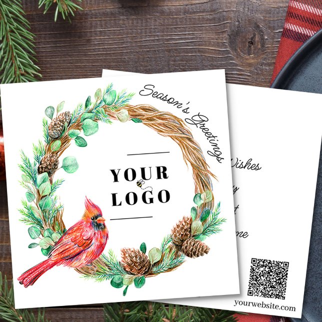 Christmas Wreath Cardinal Business Greetings Holiday Card (Logo branded and qr code holiday card by Busy Business Bee)