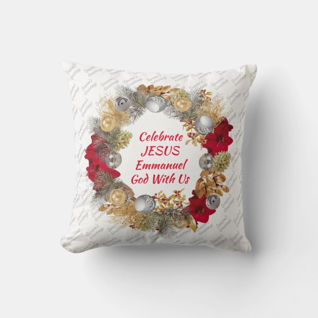 Christmas Wreath | CELEBRATE JESUS White Cushion (Front)