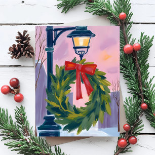 Christmas Wreath City Light Pole Watercolor Holiday Postcard