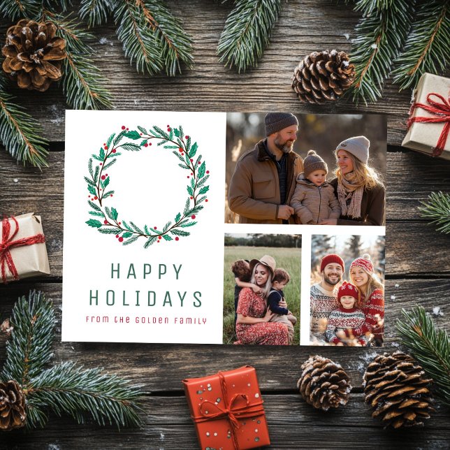 Christmas Wreath CUSTOM 3 PHOTOS Grid Holiday Card (Christmas Wreath CUSTOM PHOTOS Holiday Card
)