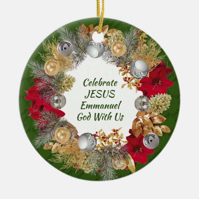 Christmas Wreath Custom Green CELEBRATE JESUS Ceramic Tree Decoration (Front)