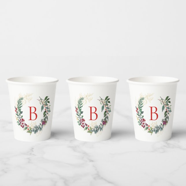 Christmas Wreath Custom Monogram Paper Cups (Multi)