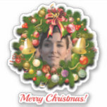 Christmas Wreath Customised With Your Photo<br><div class="desc">This festive sticker features a lovely Christmas wreath richly decorated with holly pine cones,  luxurious ornaments,  golden bells,  silk ribbons,  red bows and poinsettias. Customise it today by replacing the current photo with any picture uploaded from your device,  edit the text and surprise your audience with your originality.</div>
