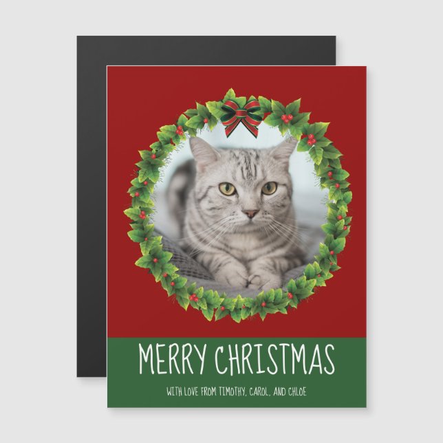 Christmas Wreath Cute Custom Cat Photo Red Magnet (Front/Back)