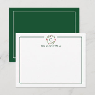 Christmas Wreath Dark Green Monogram Stationery Card