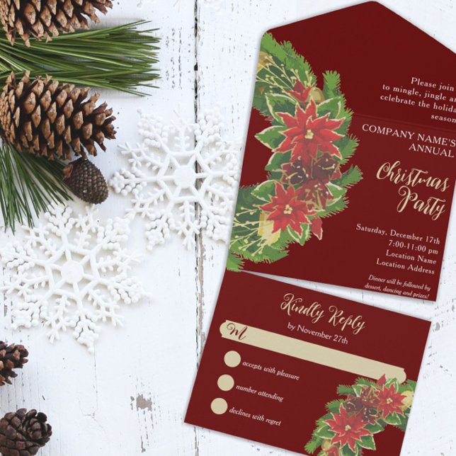 Christmas Wreath Dark Red Company Holiday Party All In One Invitation (Creator Uploaded)