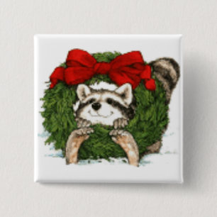 Christmas Wreath Decoration And Racoon 15 Cm Square Badge