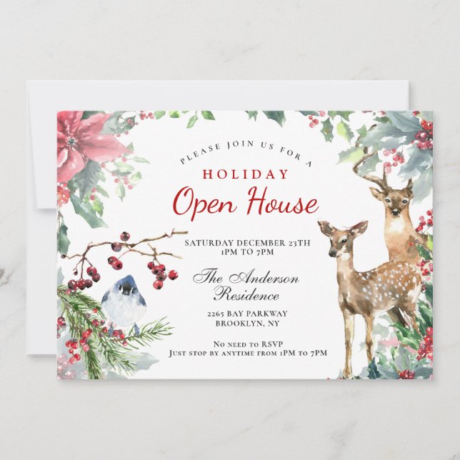 Christmas Wreath Deer & Bird Holiday Open House Invitation (Front)