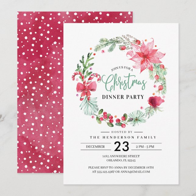 Christmas Wreath Dinner Party Invitation (Front/Back)