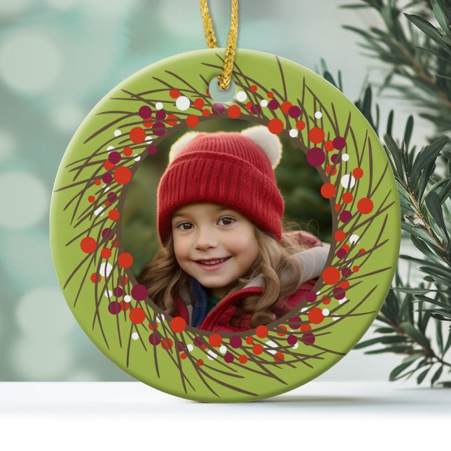 Christmas Wreath: Double-Sided Ceramic Tree Decoration (Photo Ornament with a twig wreath with berries and a modern holiday design on the back)