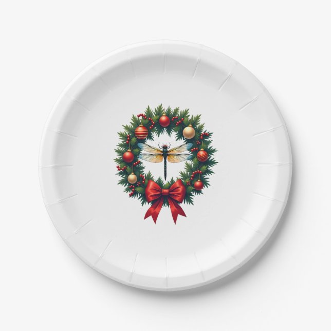 Christmas Wreath Dragonfly Paper Plate (Front)