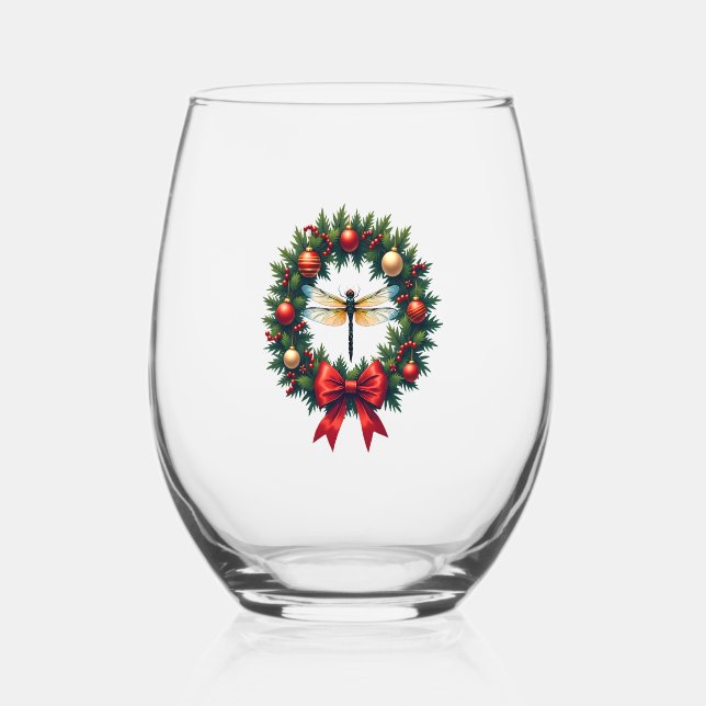 Christmas Wreath Dragonfly Stemless Wine Glass (Front)