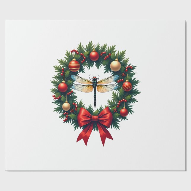 Christmas Wreath Dragonfly Wrapping Paper (Flat)