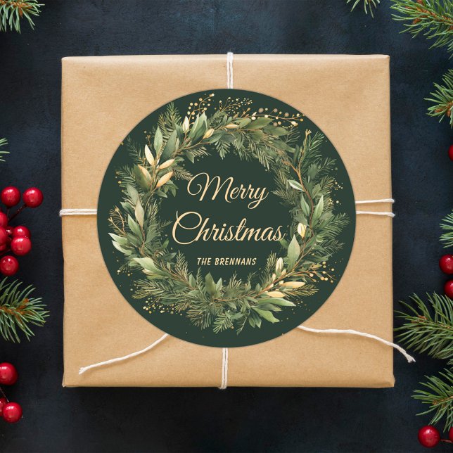 Christmas Wreath Elegant Festive Green Botanical Classic Round Sticker (Christmas Wreath Elegant Festive Green Botanical Classic Round Sticker)