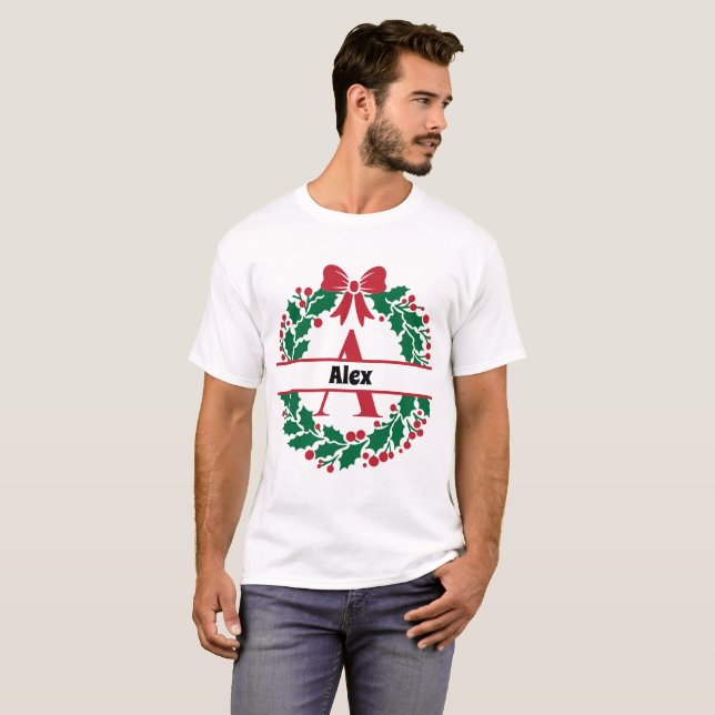 Christmas wreath Family Matching Name letter A T-Shirt (Front Full)